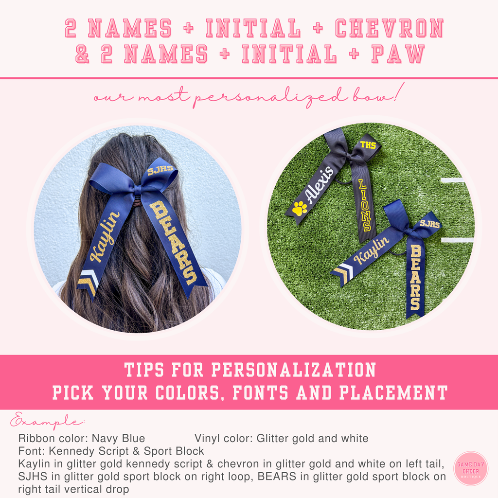 Cheer Game Day Long Tail Hair Bow, Personalized with your team colors and name. Collegiate style cheer bow.  Custom cheerleader ribbon bows.