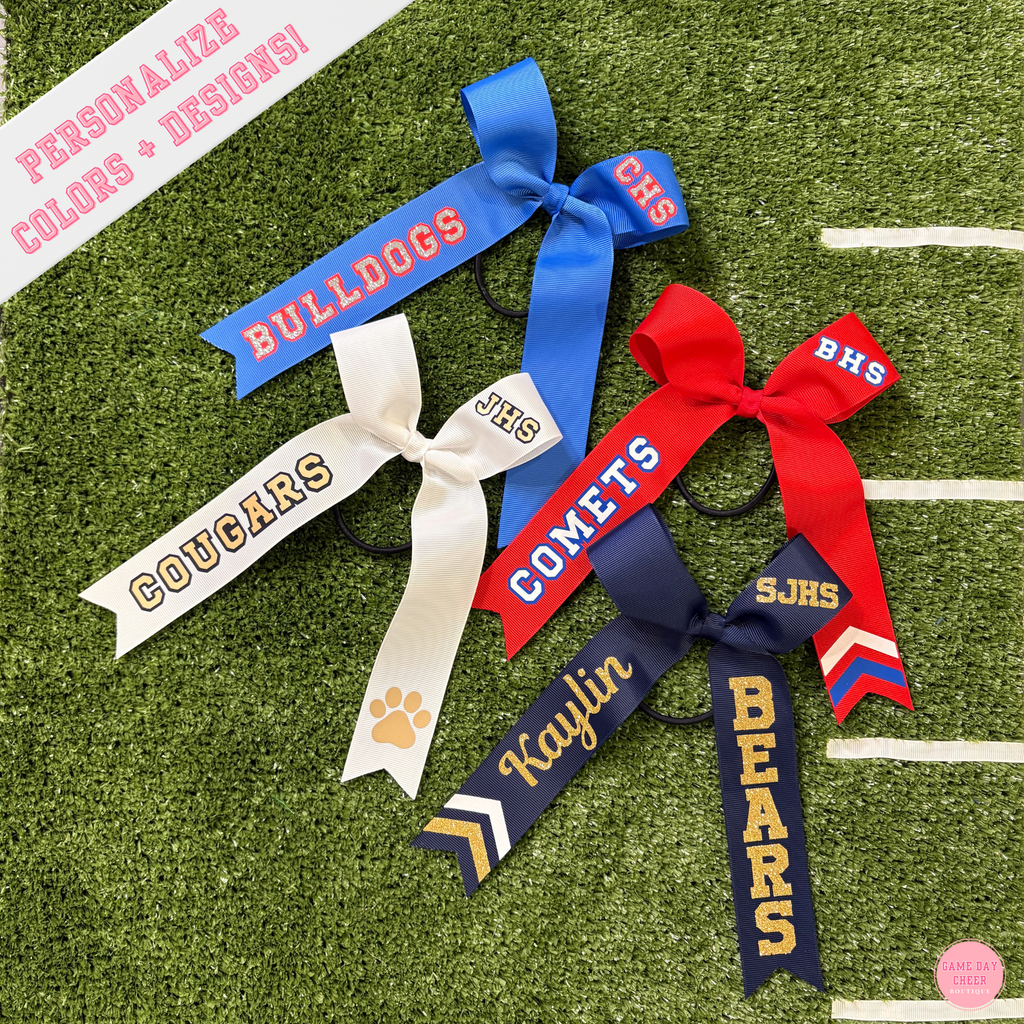 Cheer Game Day Long Tail Hair Bow, Personalized with your team colors and name. Collegiate style cheer bow.  Custom cheerleader ribbon bows.