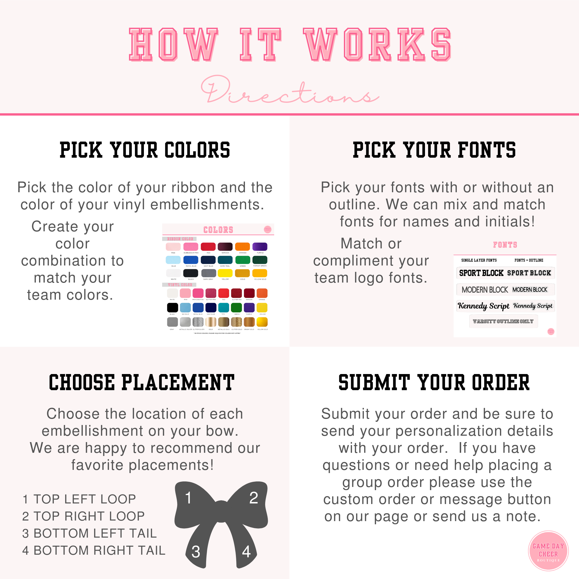 Cheer Game Day Long Tail Hair Bow, Personalized with your team colors and name. Collegiate style cheer bow.  Custom cheerleader ribbon bows.