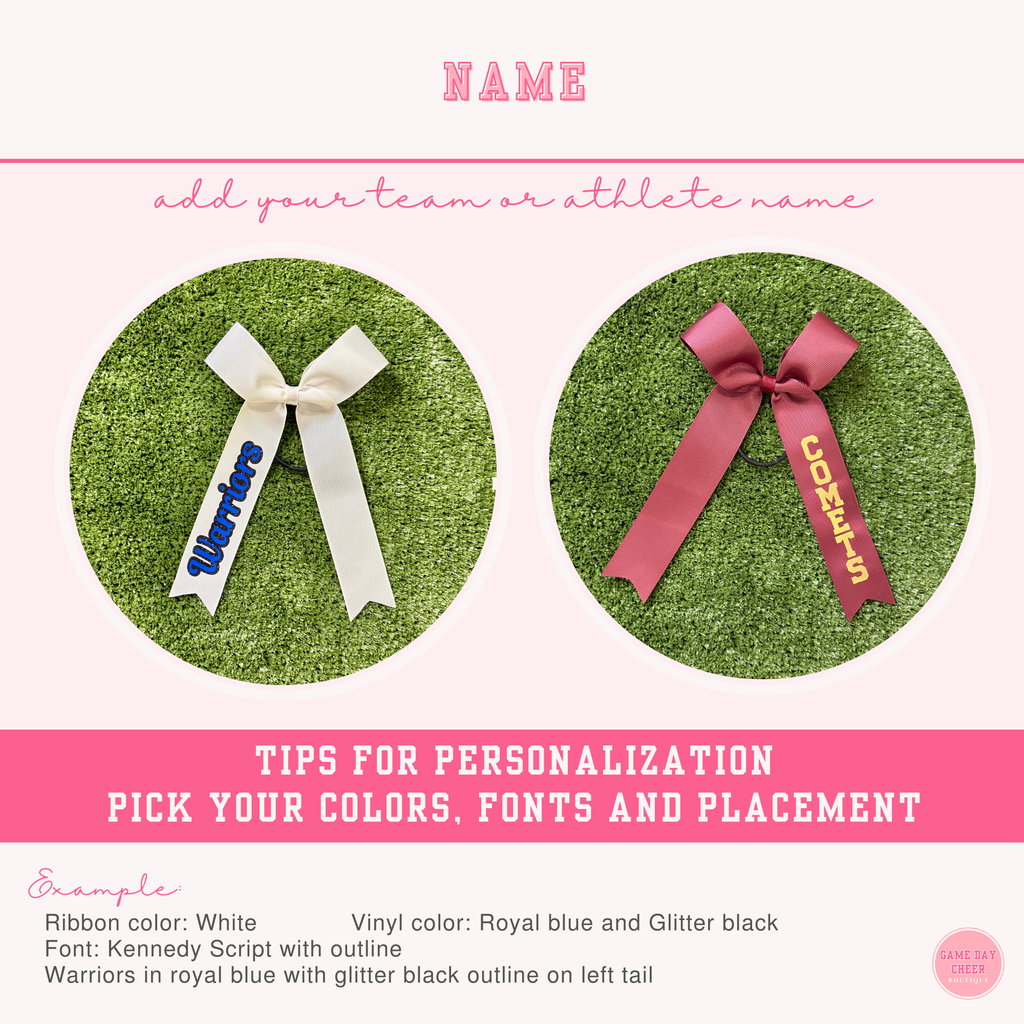 Cheer Game Day Long Tail Hair Bow, Personalized with your team colors and name. Collegiate style cheer bow.  Custom cheerleader ribbon bows.