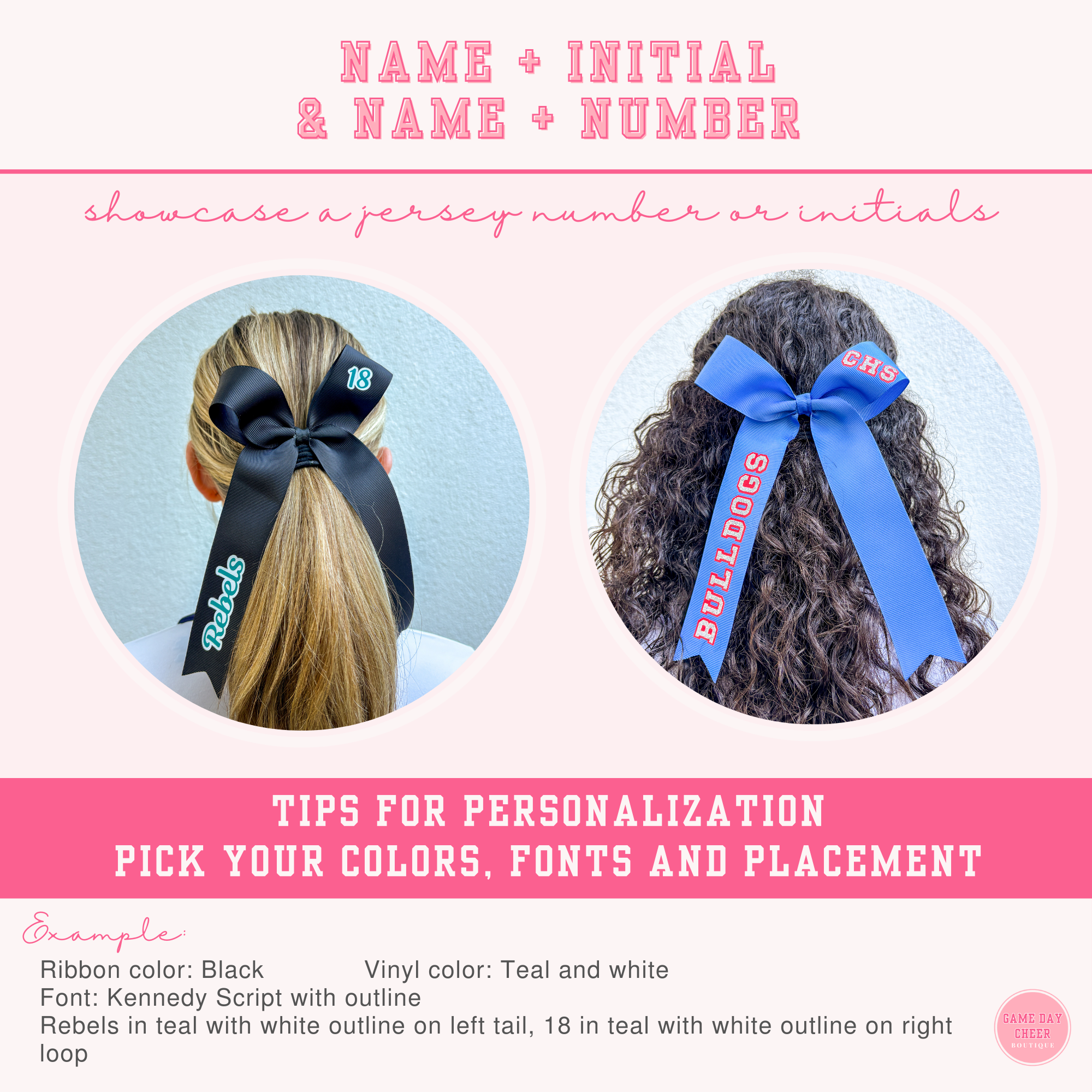 Cheer Game Day Long Tail Hair Bow, Personalized with your team colors and name. Collegiate style cheer bow.  Custom cheerleader ribbon bows.