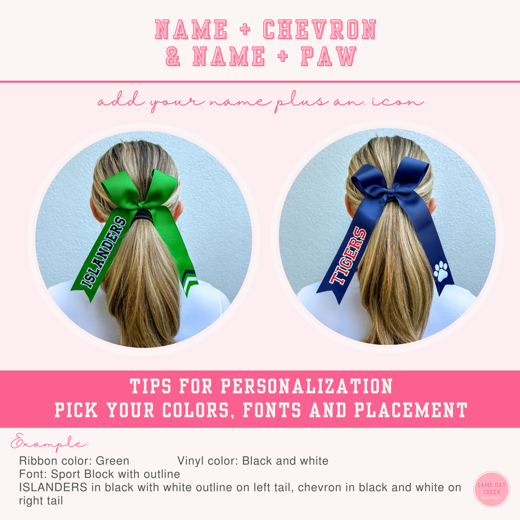 Cheer Game Day Long Tail Hair Bow, Personalized with your team colors and name. Collegiate style cheer bow.  Custom cheerleader ribbon bows.