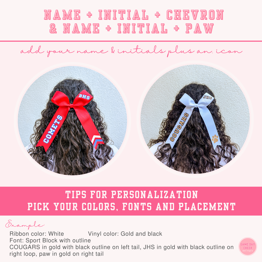 Cheer Game Day Long Tail Hair Bow, Personalized with your team colors and name. Collegiate style cheer bow.  Custom cheerleader ribbon bows.